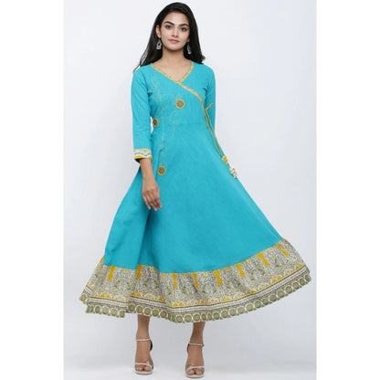 Casual 3/4 th Sleeve Embroidery Cotton Blend Kurti (Torque Green)