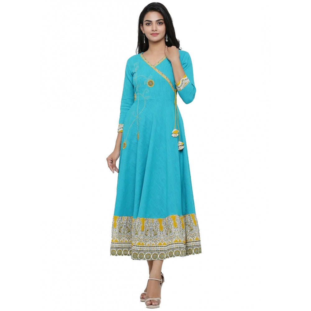 Casual 3/4 th Sleeve Embroidery Cotton Blend Kurti (Torque Green)