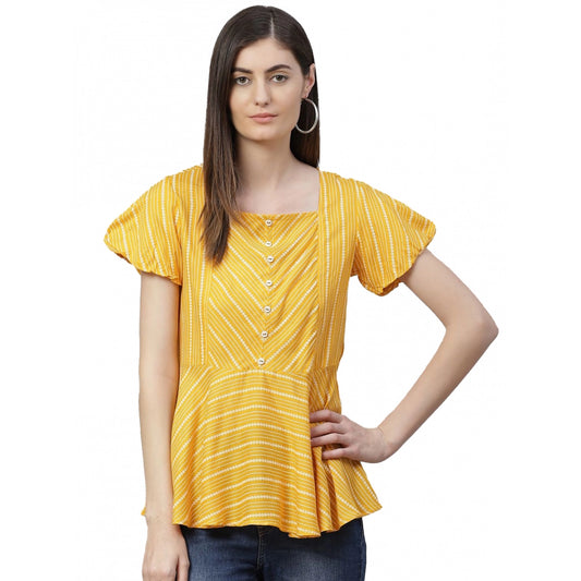 Generic Women's Casual Short Sleeves Stripe Printed Rayon Top (Mustard)