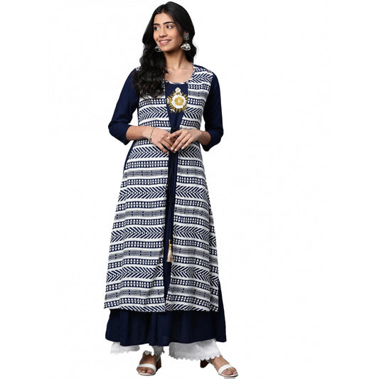 Casual 3/4 th Sleeve Geometric Rayon Kurti (Navy Blue)