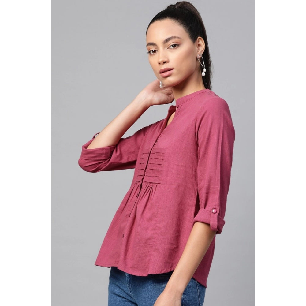 Casual Roll up sleeve Solid Cotton Slub Shirts (Pink)