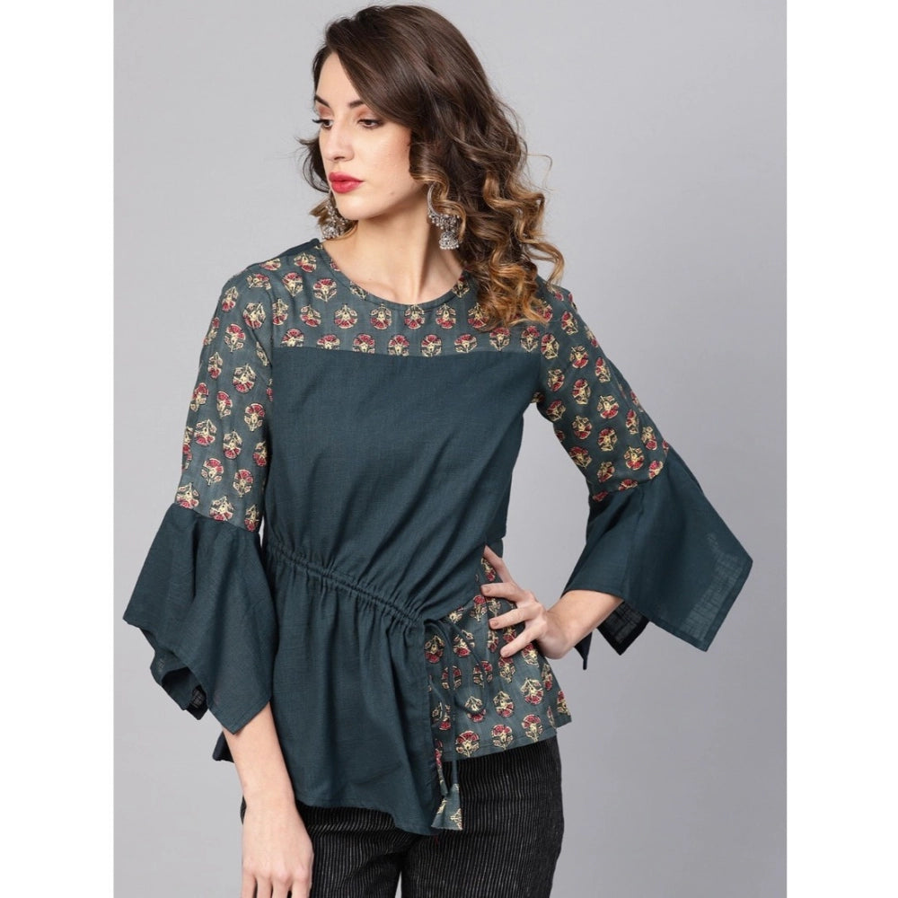 Casual Bell Sleeves Floral Printed Cotton Slub Top (Grey)