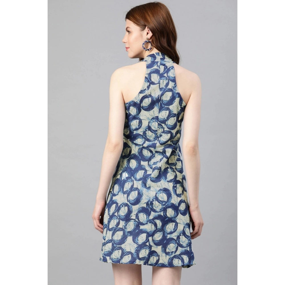 Casual Sleeveless Floral printed Cotton Dress (Blue)