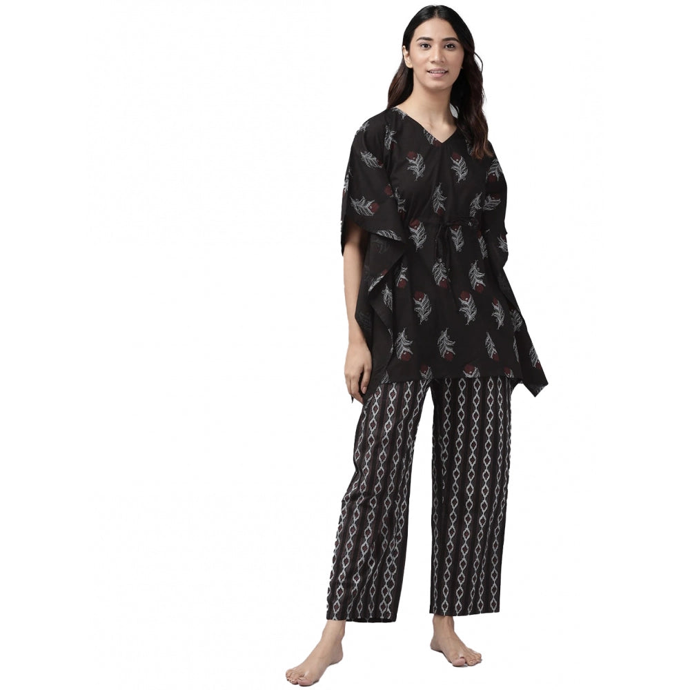 Casual Kimono Sleeve Floral Printed Cotton Pyjama Set (Black)