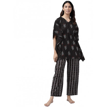 Casual Kimono Sleeve Floral Printed Cotton Pyjama Set (Black)