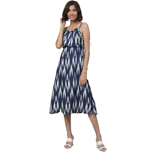 Casual Sleeveless Ikat Print Rayon Dress (Blue)