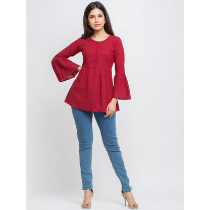 Casual Bell Sleeves Solid Cotton Top (Maroon)