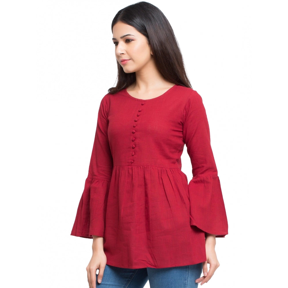 Casual Bell Sleeves Solid Cotton Top (Maroon)