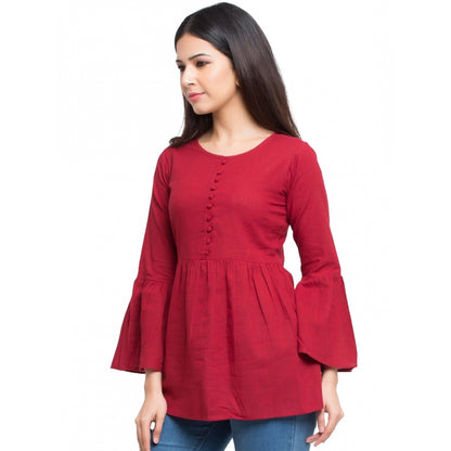 Casual Bell Sleeves Solid Cotton Top (Maroon)