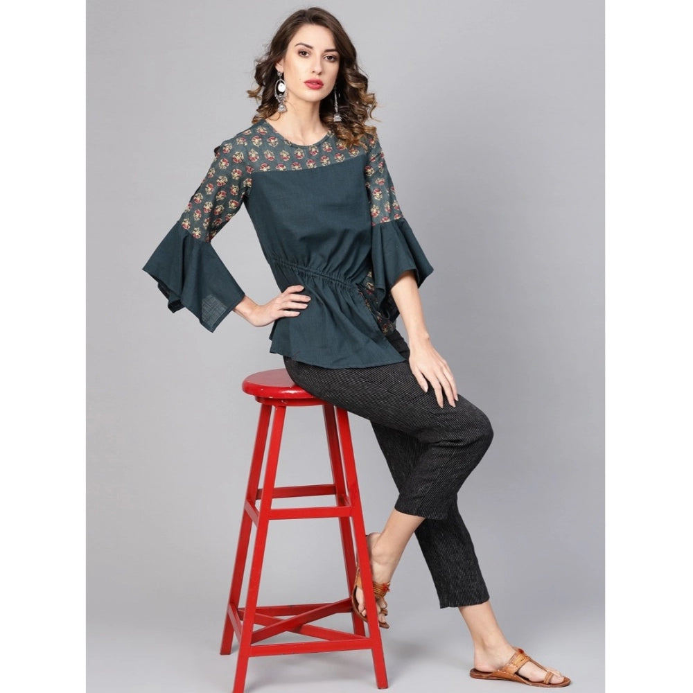 Casual Bell Sleeves Floral Printed Cotton Slub Top (Grey)