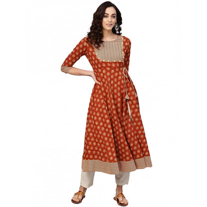 Casual 3/4 th Sleeve Floral Printed Cotton Slub Kurti (Brown)