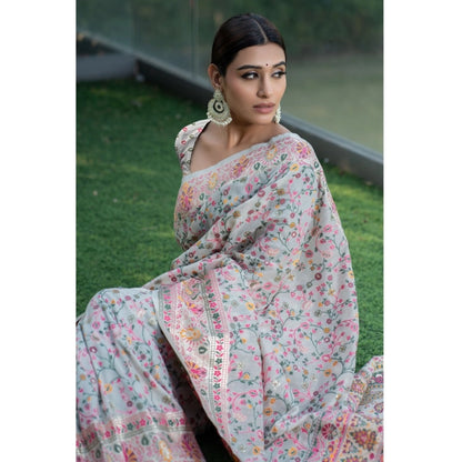 Linen Printed Saree With Unstitched Blouse (White, 5-6 Mtrs)