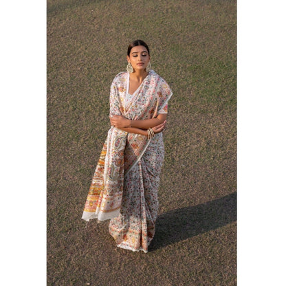 Linen Printed Saree With Unstitched Blouse (White, 5-6 Mtrs)