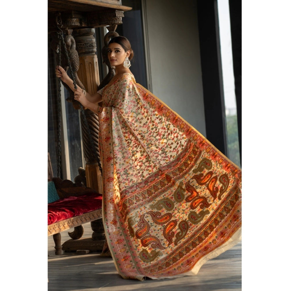 Linen Printed Saree With Unstitched Blouse (Beige, 5-6 Mtrs)