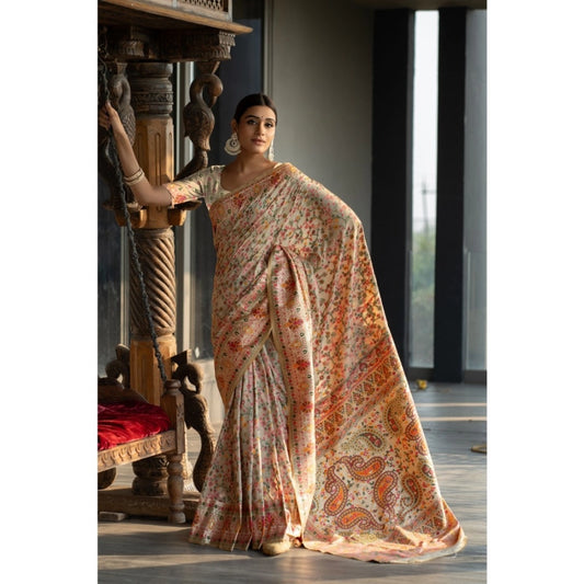 Linen Printed Saree With Unstitched Blouse (Beige, 5-6 Mtrs)