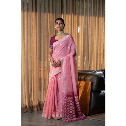 Mulmul Cotton Printed Saree With Unstitched Blouse (Pink, 5-6 Mtrs)