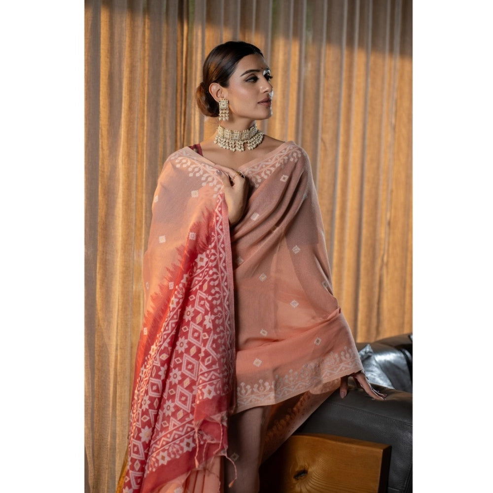 Mulmul Cotton Printed Saree With Unstitched Blouse (Peach, 5-6 Mtrs)