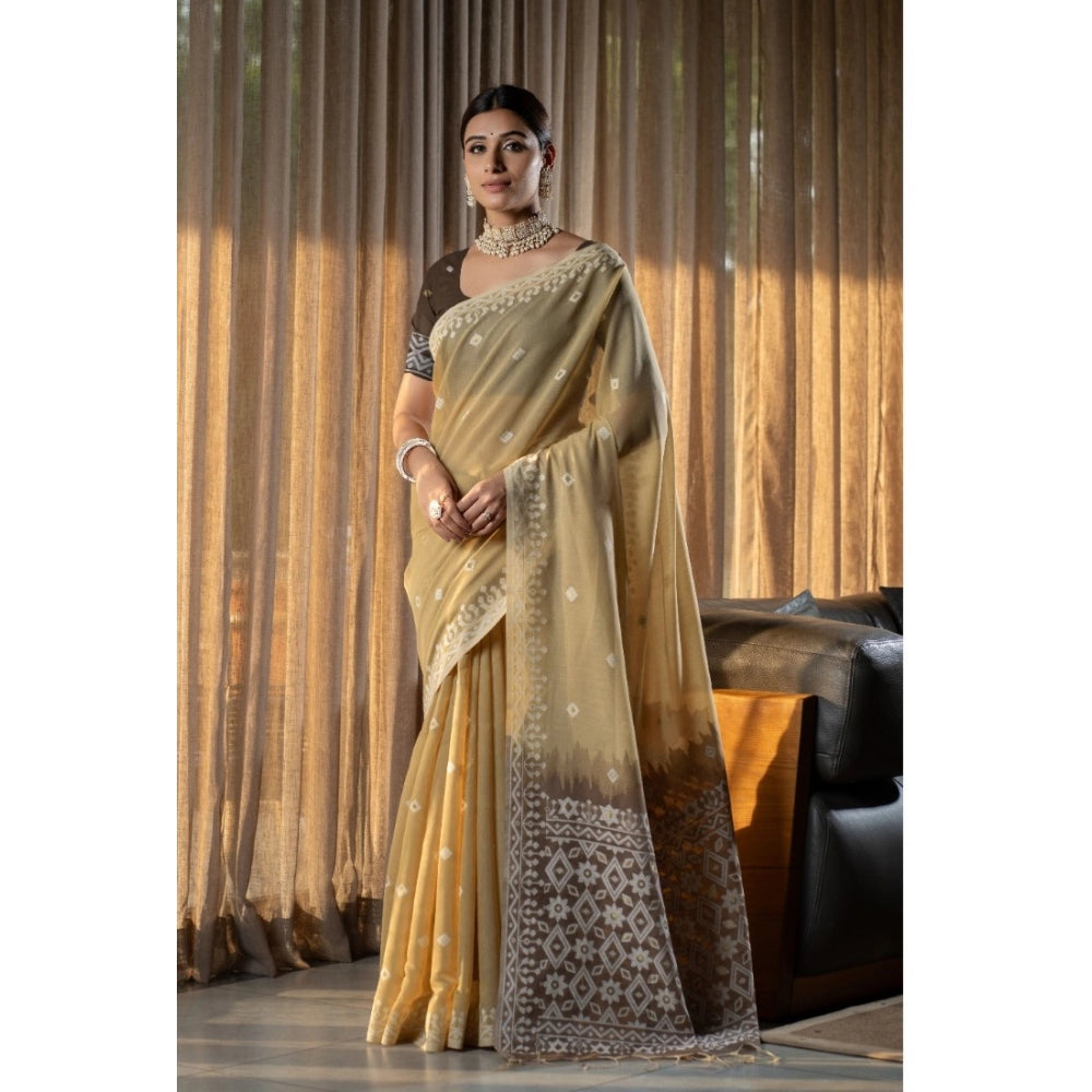 Mulmul Cotton Printed Saree With Unstitched Blouse (Beige, 5-6 Mtrs)