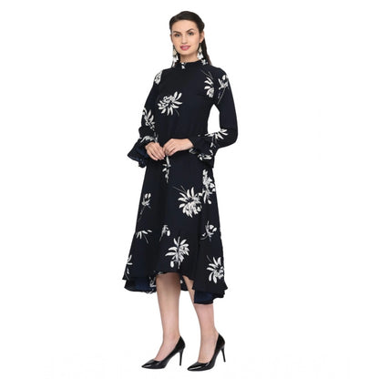 Cotton Blend Floral Full Sleeves Dress (Black)