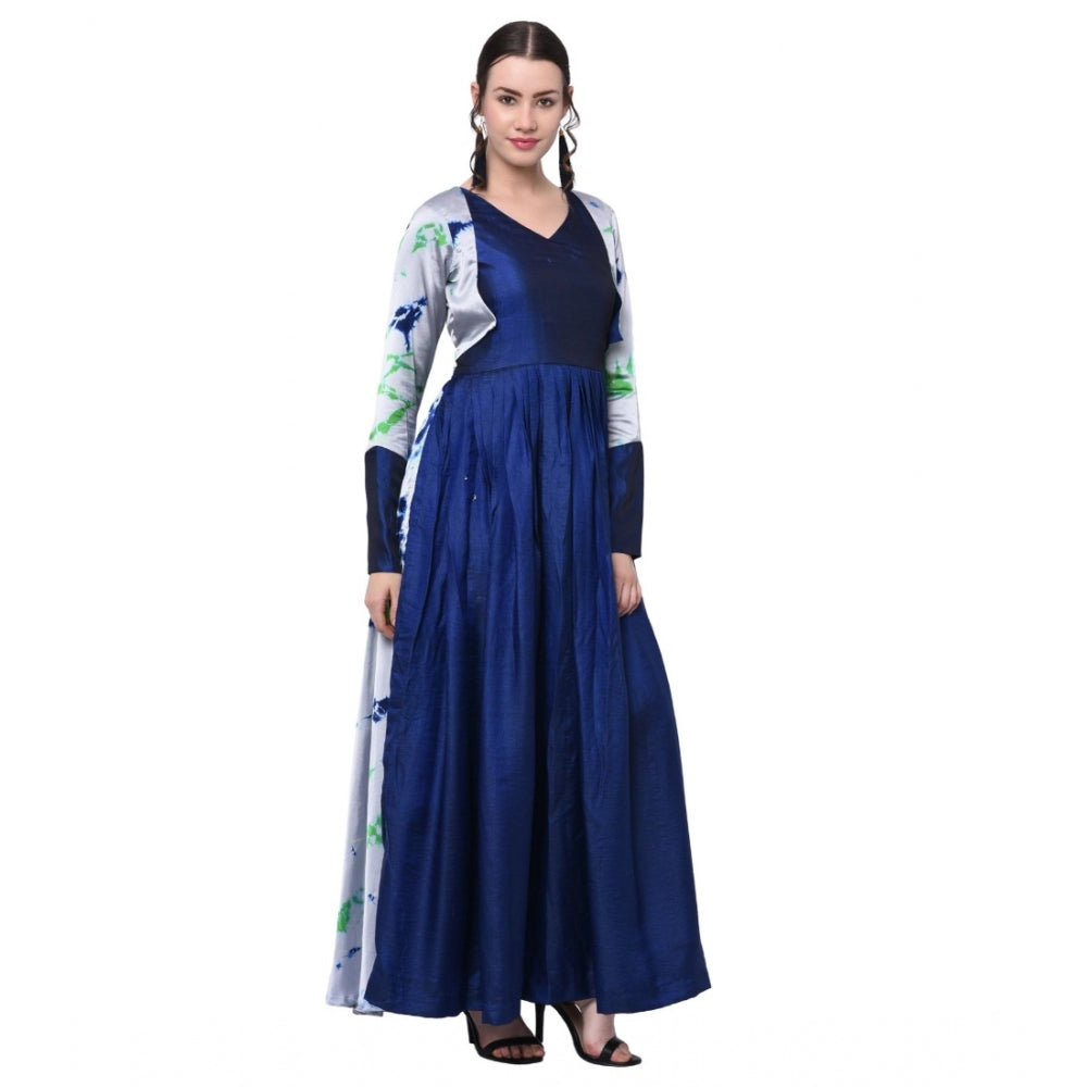 Cotton Blend Solid Full Sleeves Dress (Blue)