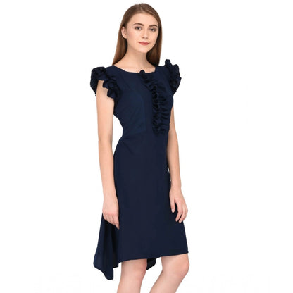 Cotton Blend Solid Sleeveless Dress (Blue)