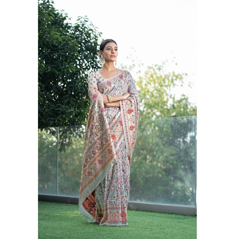 Linen Printed Saree With Unstitched Blouse (White, 5-6 Mtrs)