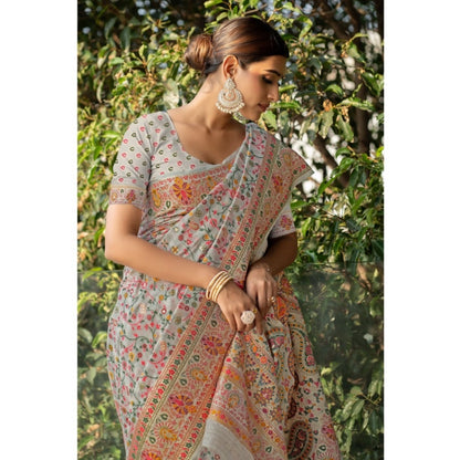 Linen Printed Saree With Unstitched Blouse (Off-White, 5-6 Mtrs)