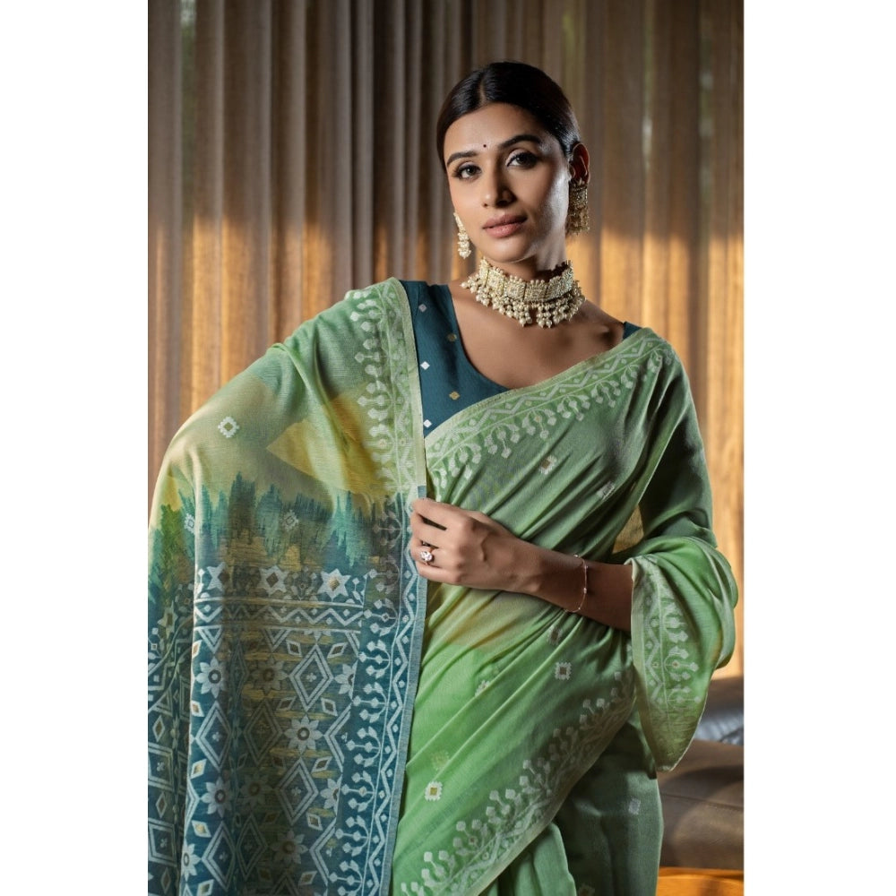 Mulmul Cotton Printed Saree With Unstitched Blouse (Green, 5-6 Mtrs)