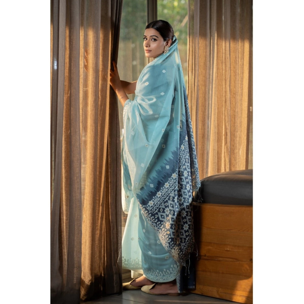 Mulmul Cotton Printed Saree With Unstitched Blouse (Blue, 5-6 Mtrs)