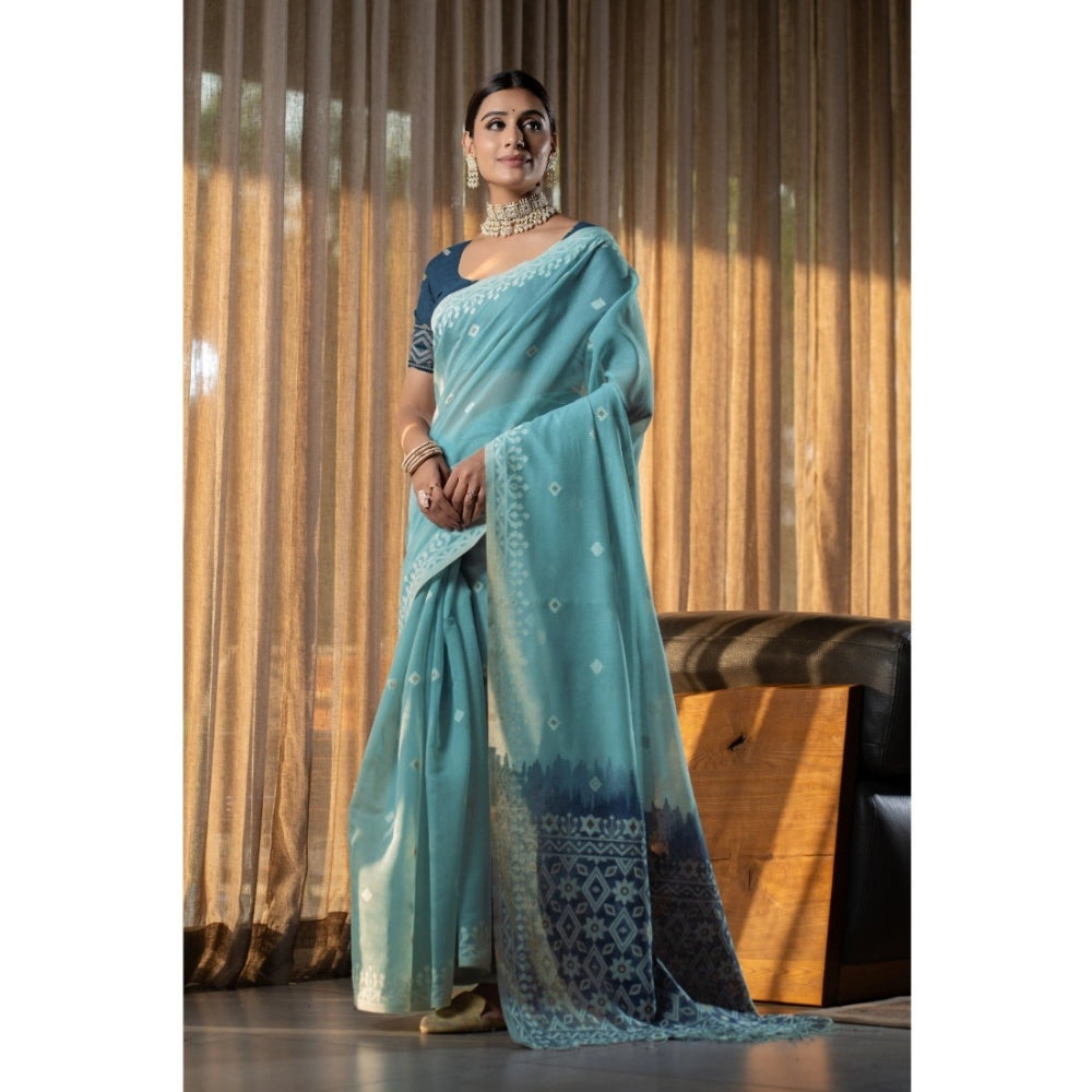 Mulmul Cotton Printed Saree With Unstitched Blouse (Blue, 5-6 Mtrs)