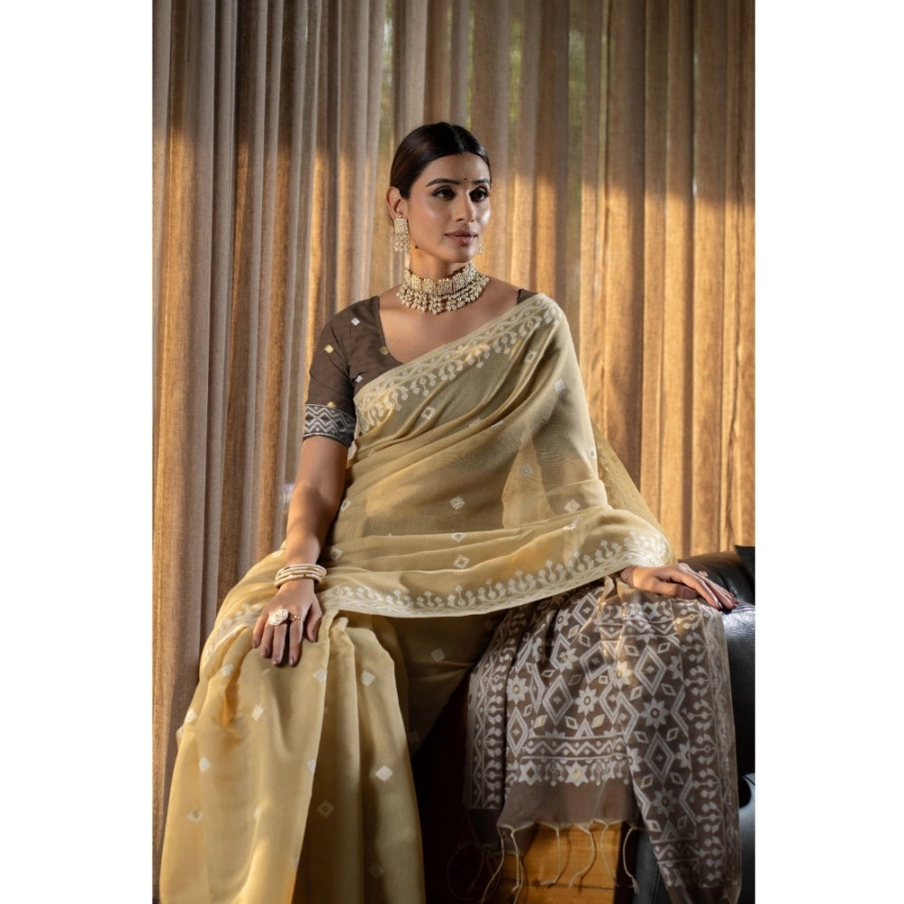 Mulmul Cotton Printed Saree With Unstitched Blouse (Beige, 5-6 Mtrs)