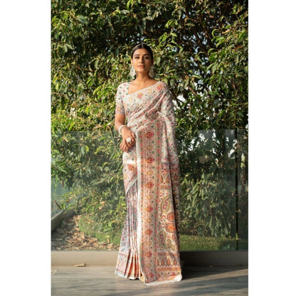 Linen Printed Saree With Unstitched Blouse (Off-White, 5-6 Mtrs)