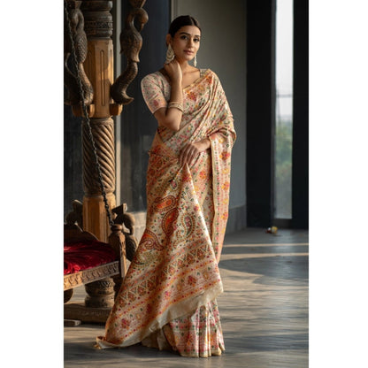 Linen Printed Saree With Unstitched Blouse (Beige, 5-6 Mtrs)