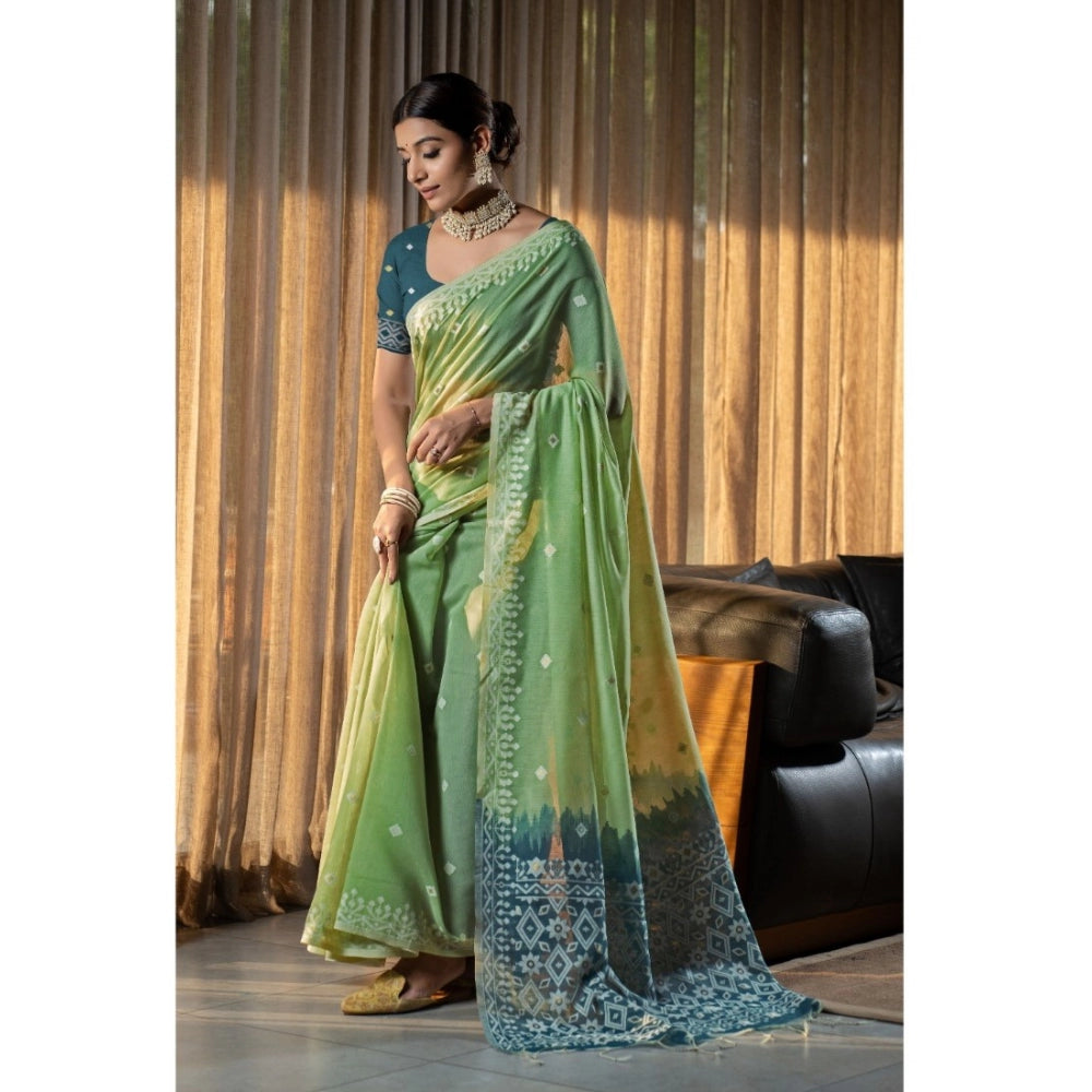 Mulmul Cotton Printed Saree With Unstitched Blouse (Green, 5-6 Mtrs)