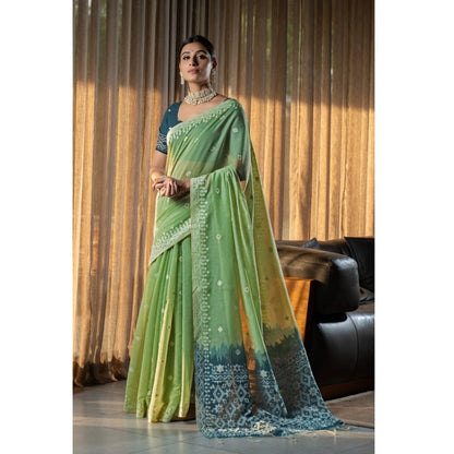 Mulmul Cotton Printed Saree With Unstitched Blouse (Green, 5-6 Mtrs)