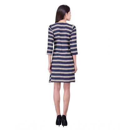 Cotton Blend Solid 3-4 Sleeve Dress (Blue)