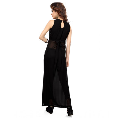 Cotton Blend Solid Sleeveless Maxi Dress (Black)