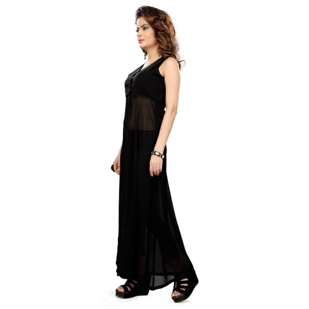 Cotton Blend Solid Sleeveless Maxi Dress (Black)