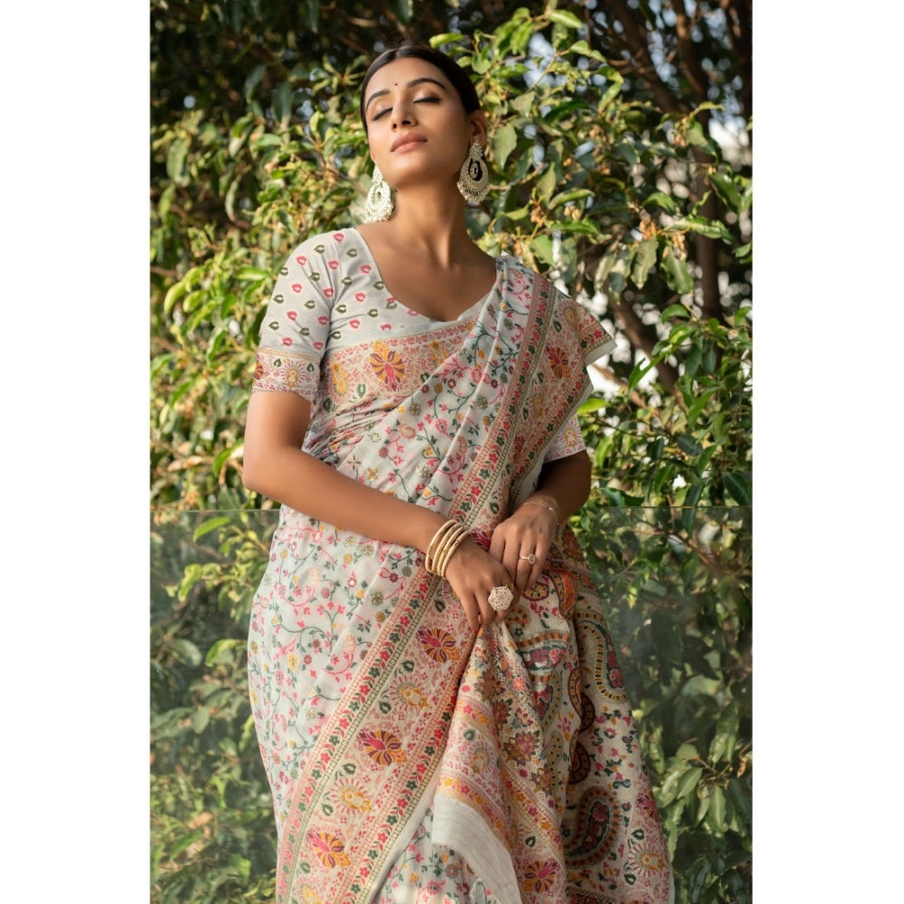 Linen Printed Saree With Unstitched Blouse (Off-White, 5-6 Mtrs)