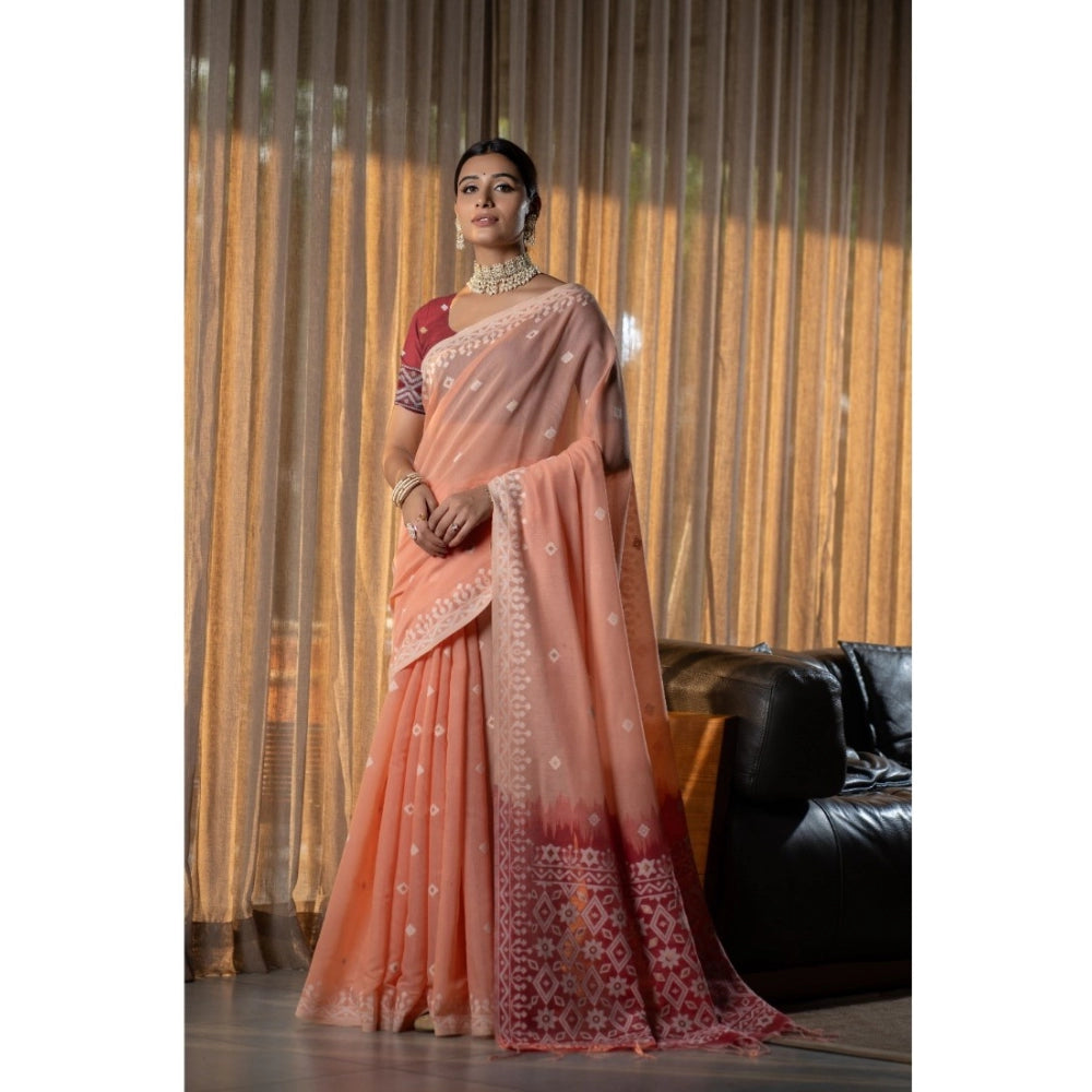 Mulmul Cotton Printed Saree With Unstitched Blouse (Peach, 5-6 Mtrs)