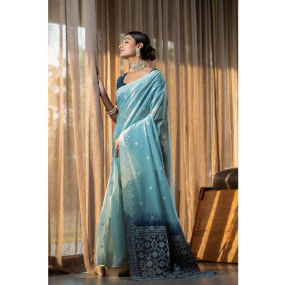 Mulmul Cotton Printed Saree With Unstitched Blouse (Blue, 5-6 Mtrs)