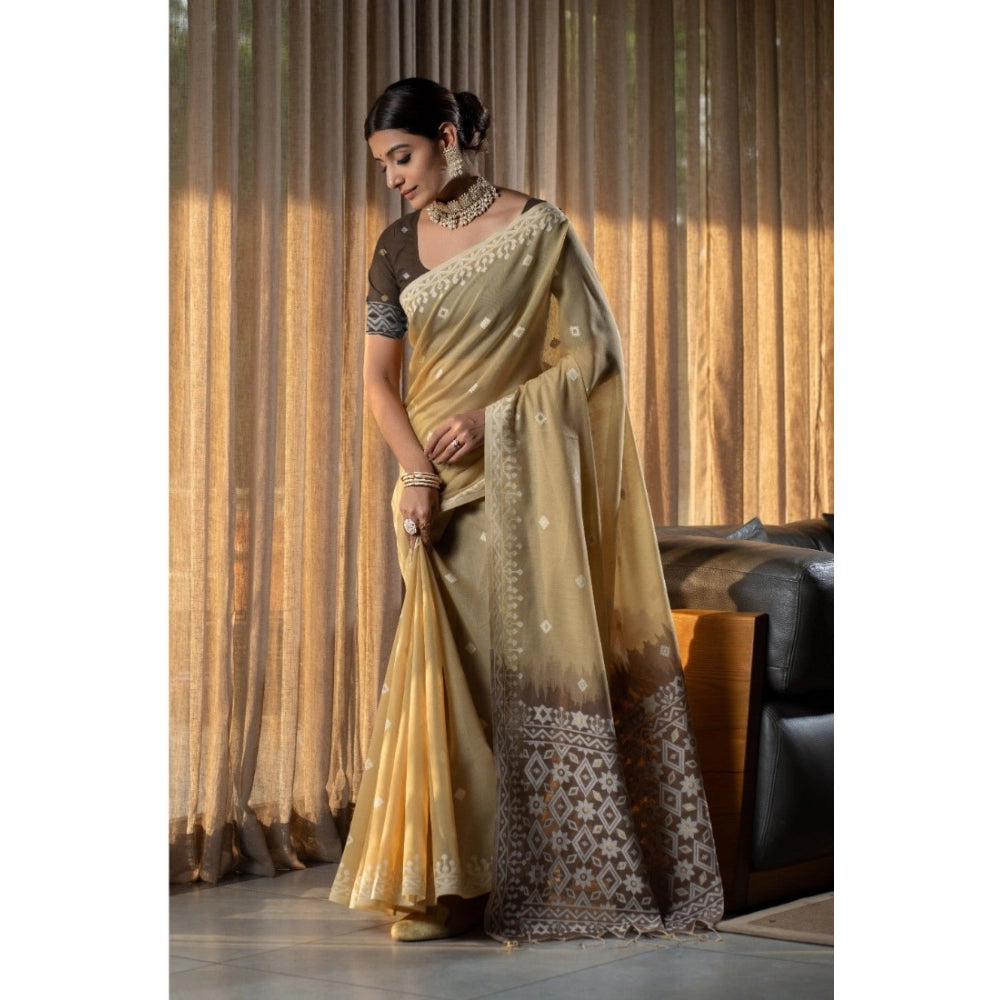 Mulmul Cotton Printed Saree With Unstitched Blouse (Beige, 5-6 Mtrs)