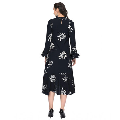 Cotton Blend Floral Full Sleeves Dress (Black)