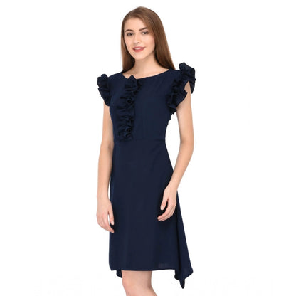 Cotton Blend Solid Sleeveless Dress (Blue)