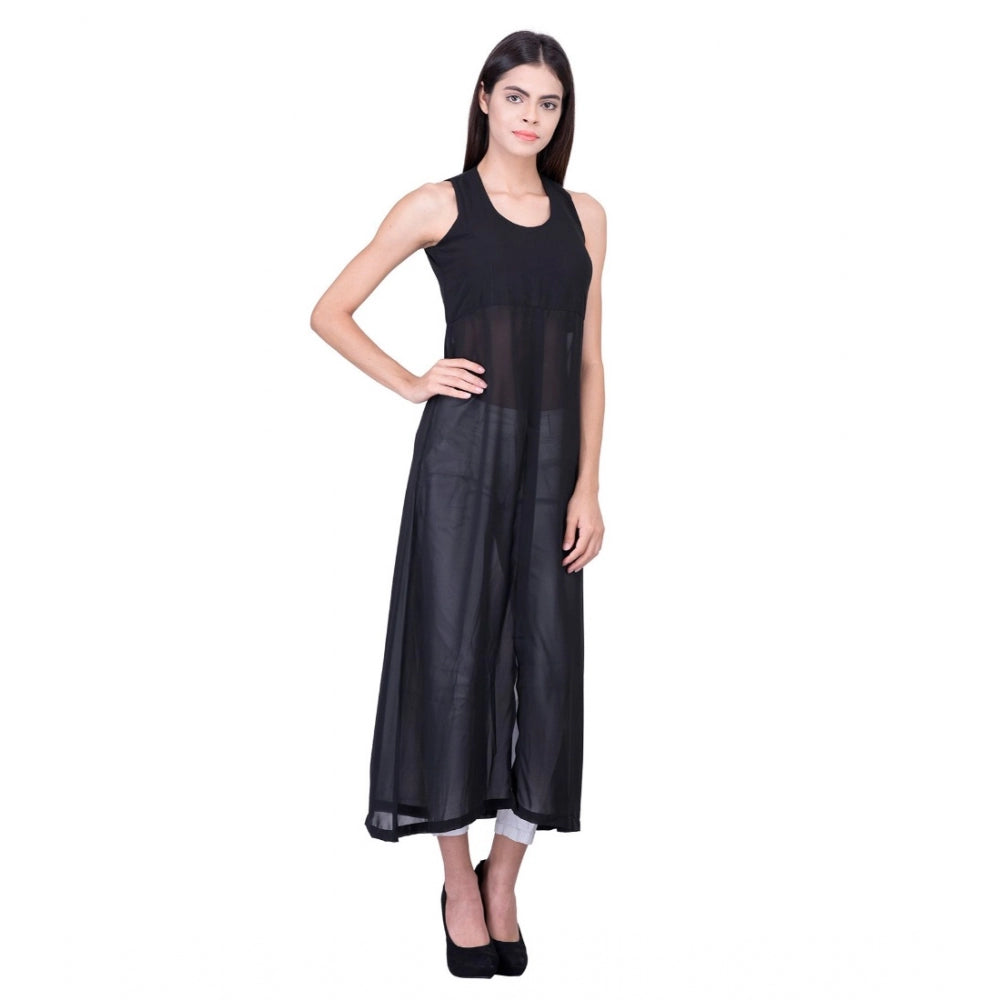 Cotton Blend Solid Sleeveless Dress (Black)