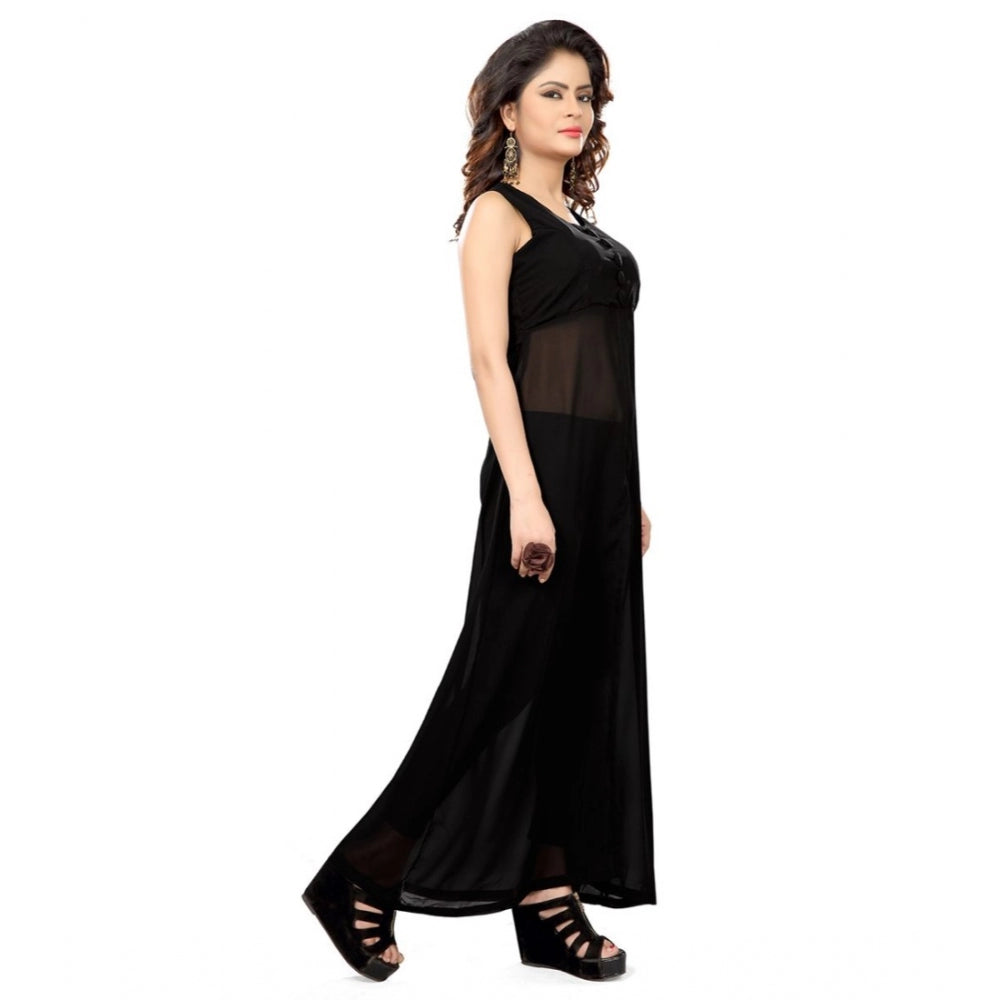 Cotton Blend Solid Sleeveless Maxi Dress (Black)