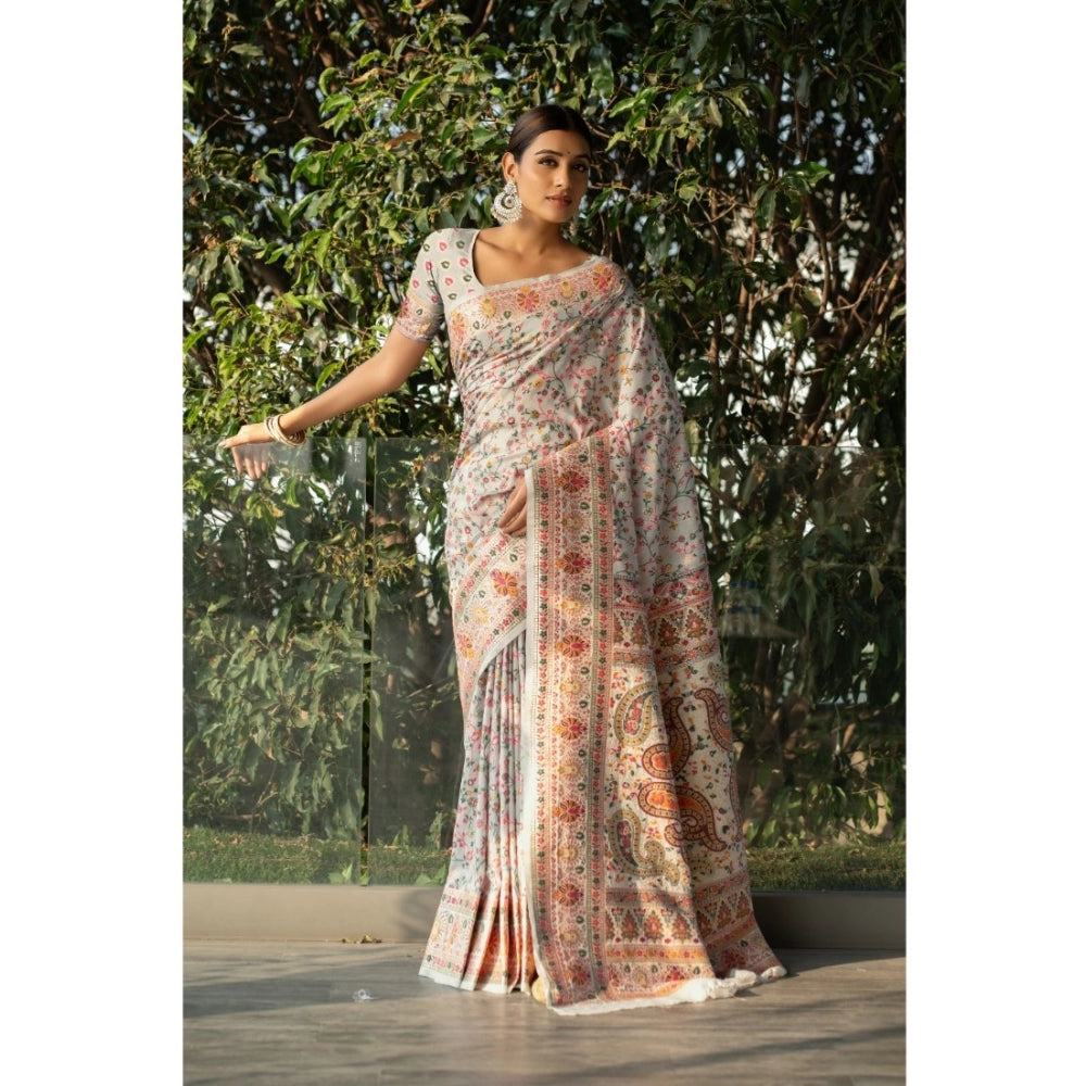 Linen Printed Saree With Unstitched Blouse (Off-White, 5-6 Mtrs)