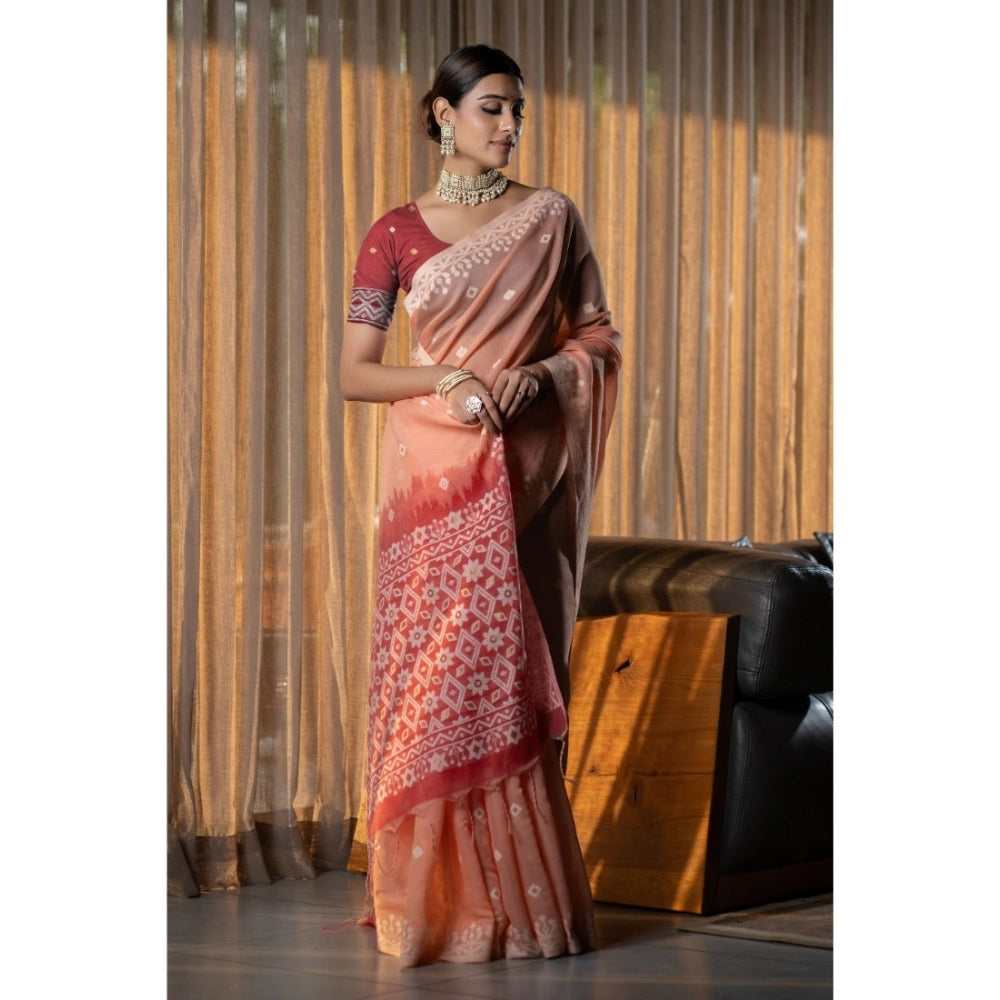 Mulmul Cotton Printed Saree With Unstitched Blouse (Peach, 5-6 Mtrs)