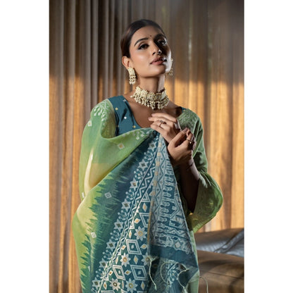 Mulmul Cotton Printed Saree With Unstitched Blouse (Green, 5-6 Mtrs)