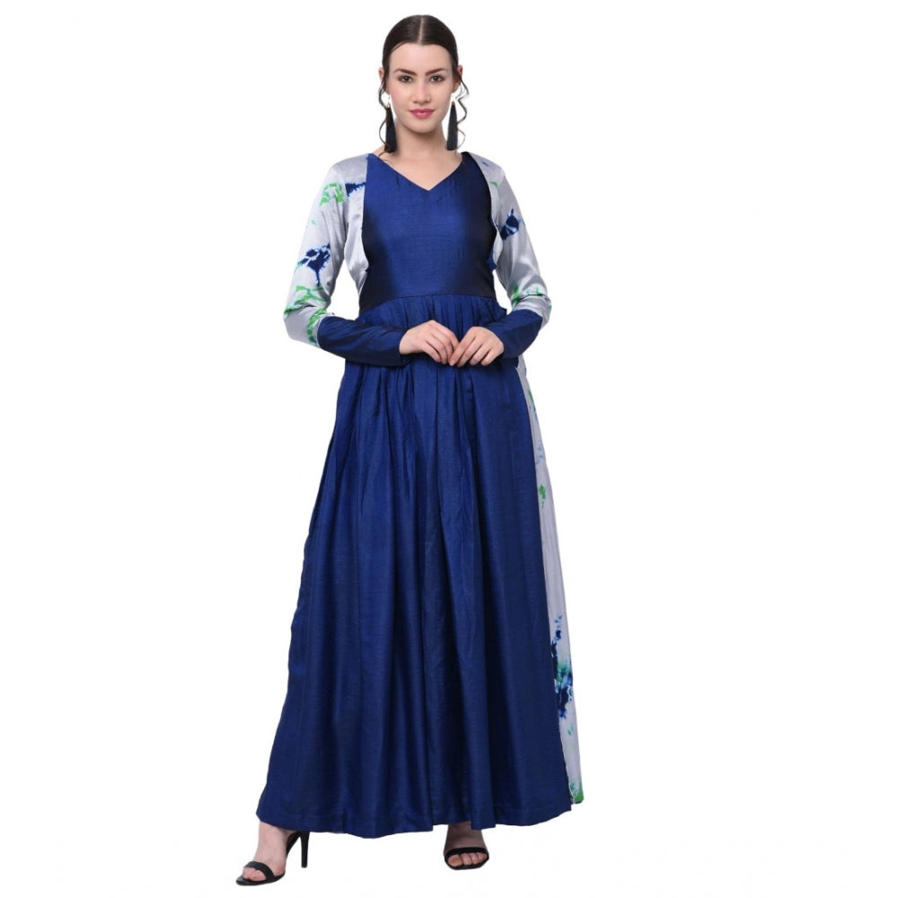 Cotton Blend Solid Full Sleeves Dress (Blue)